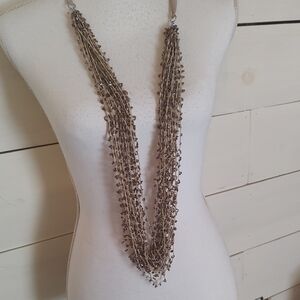 Elegant Multi-Strand Crocheted Thread W/ Purple Iridescent Bead Ribbon Necklace